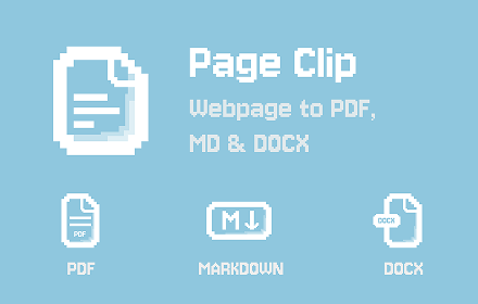 Page Clip promotional artwork: save webpage as PDF, Markdown, and DOCX