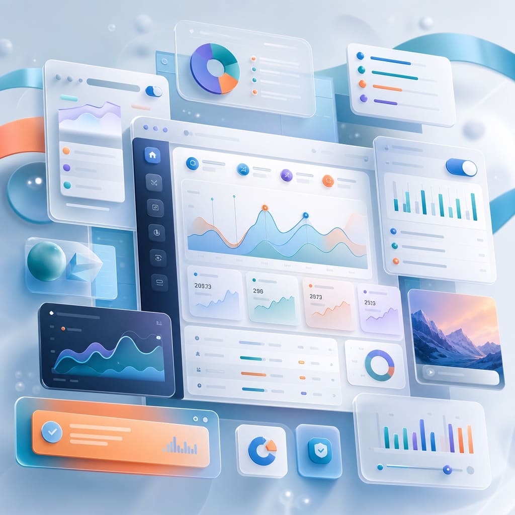Abstract illustration of floating browser windows and Chrome extension tools